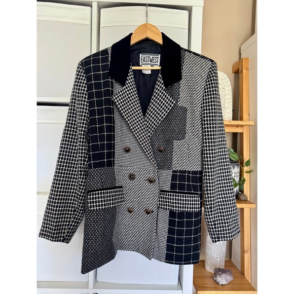 East West Jackets & Blazers - 80s/90s Vintage East West Back White Multi Pattern Double Breasted Blazer Large